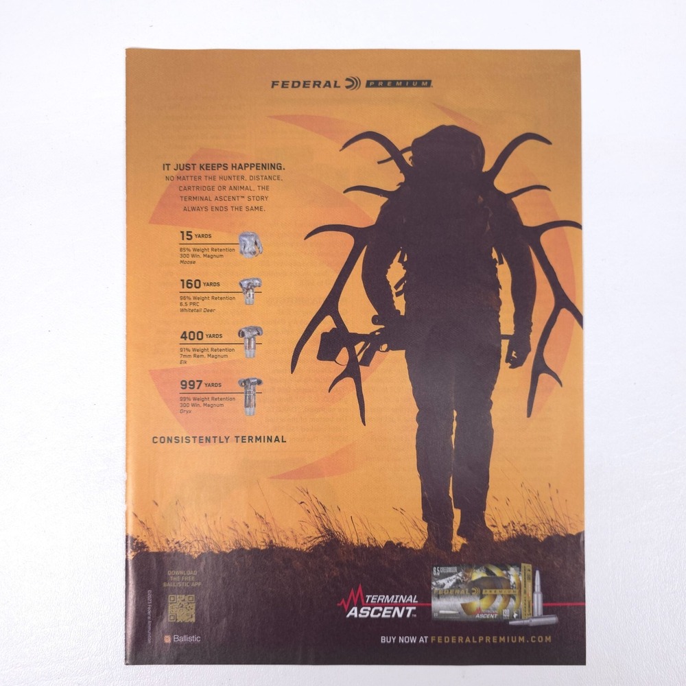 Federal Terminal Ascent Ammunition Print Advertisment Premium Hunting Ammo Chart